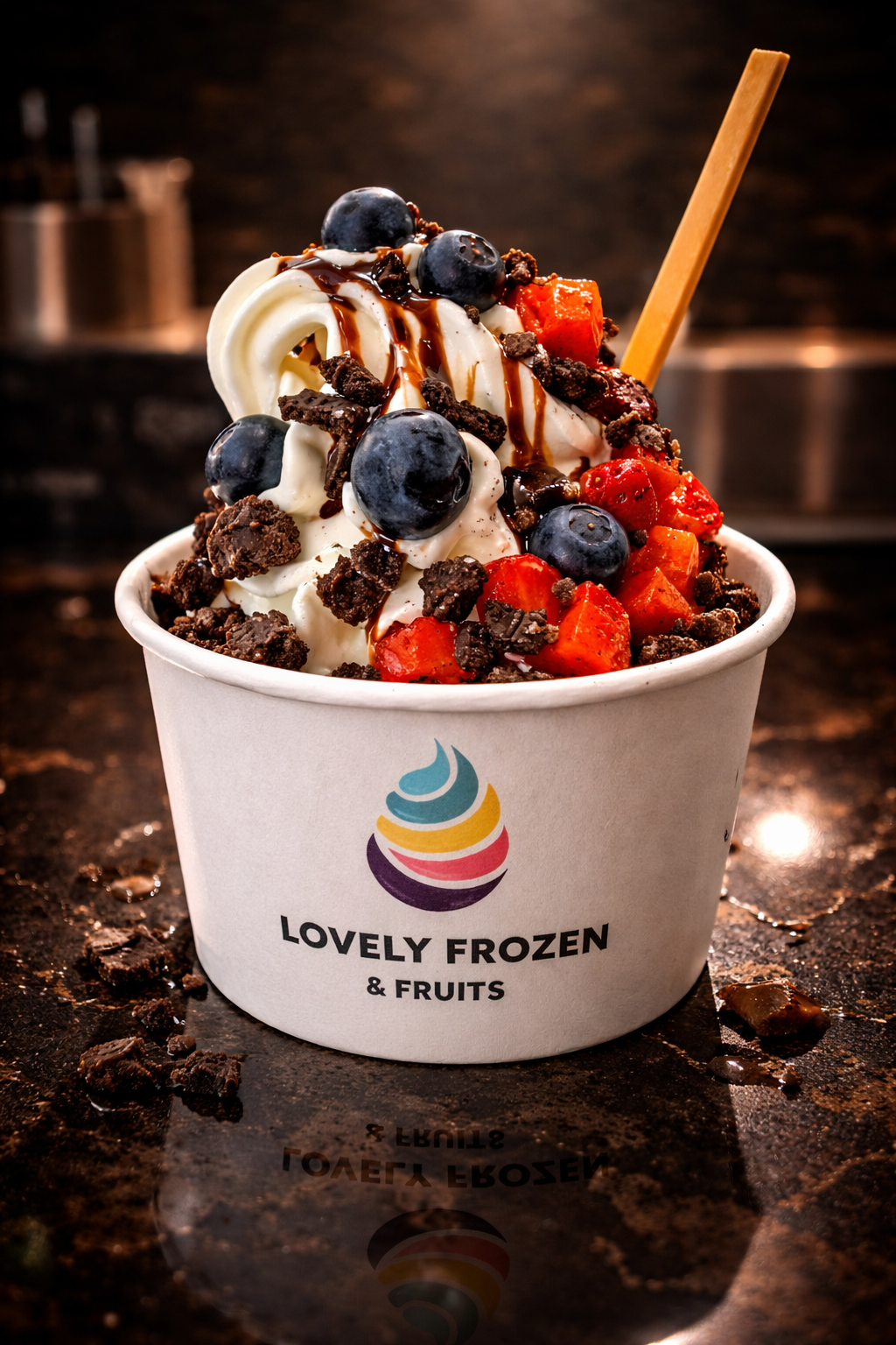 Lovely Frozen & Fruits Becher mit cremigem Frozen Yogurt, Beeren, Schokosauce und knusprigen Toppings